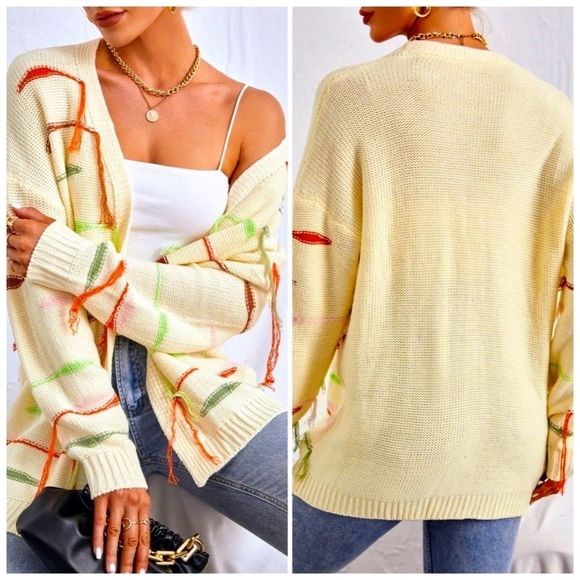 NWT! STRIPED PATTERN FRINGE DROP SHOULDER OPEN FRONT CARDIGAN IN CREAM! - Picture 7 of 12